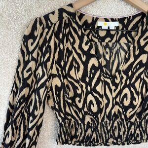 BODEN Smocked Crop Top Size 2 Viscose V-Neck Puff Sleeve Shirt